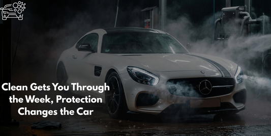 Clean car vs protected car concept showing white Mercedes at automatic car wash